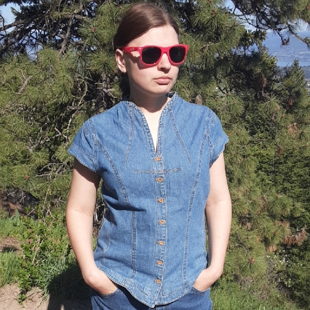 Denim Button-Up Top with Red Sunglasses